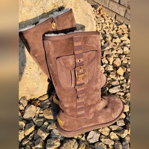 Ugg Y2K Vintage Winter Espresso Brown Tall Sheepskin Buckle Leather Boots Size 8